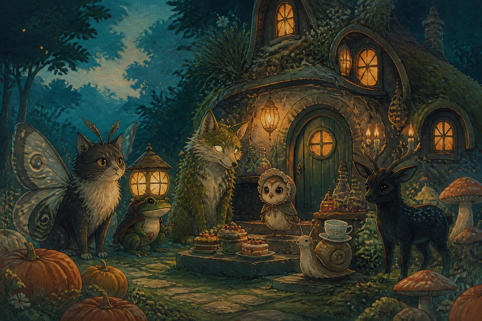 A witch's cottage at dusk with cakes and potions set out on the step and strange creatures gathering in the garden